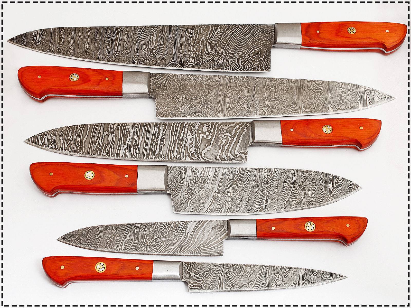 Custom Damascus Steel Kitchen Knife Set with Red Resin Handle – Handmade Full Tang