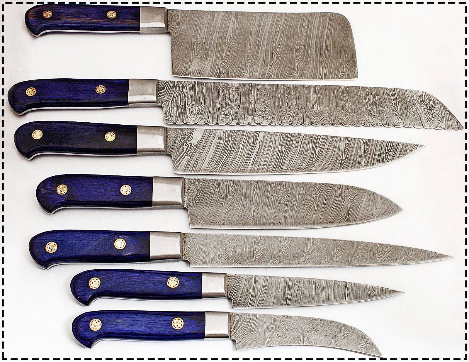 Damascus Steel Professional Knife Set with Blue Dyed Wood Handle – Chef Roll Included Unique Blades Runner