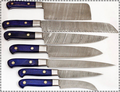 Damascus Steel Professional Knife Set with Blue Dyed Wood Handle – Chef Roll Included Unique Blades Runner