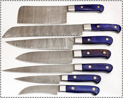 Damascus Steel Professional Knife Set with Blue Dyed Wood Handle – Chef Roll Included Unique Blades Runner