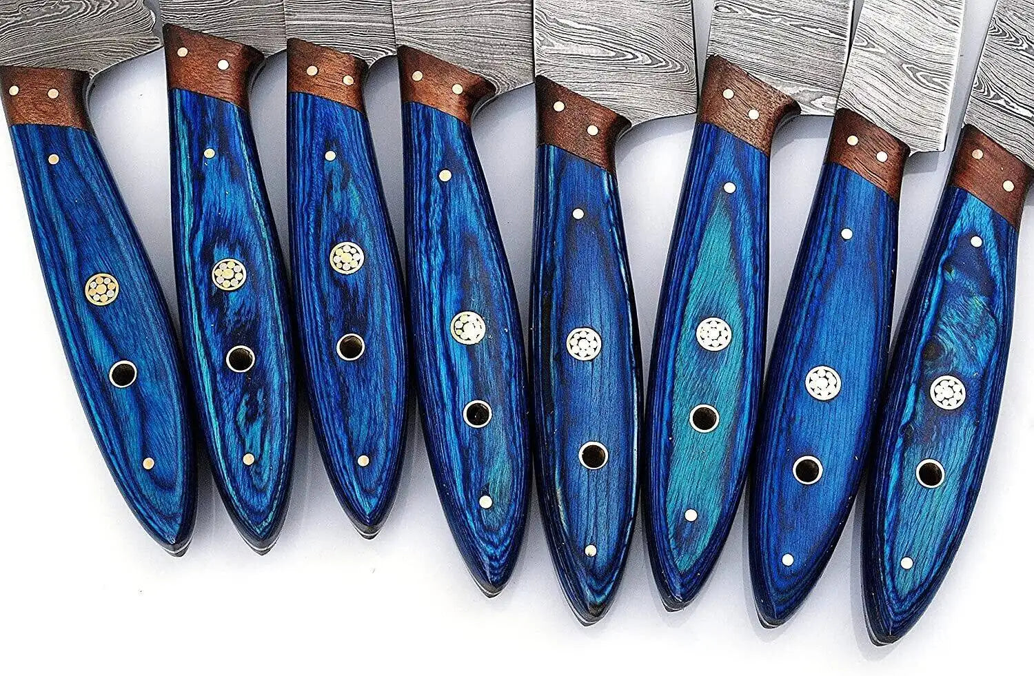 Damascus Steel Professional Knife Set with Blue Dyed Wood Handle – Chef Roll Included Unique Blades Runner