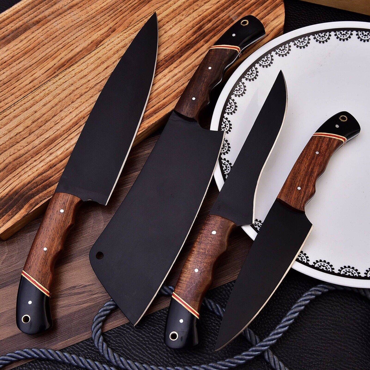 Handmade Chef Knife Set | wood Handle | Wedding Gift | Carbon Steel Unique Blades Runner