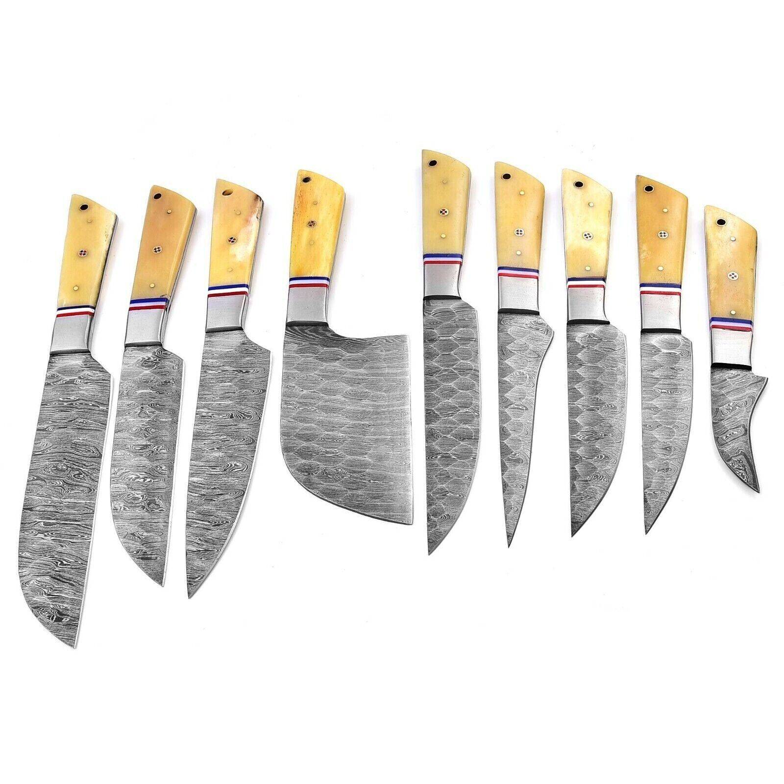 9-Piece Damascus Steel Chef Knife Set with Camel Bone Handle – Full Tang Kitchen Knives Unique Blades Runner