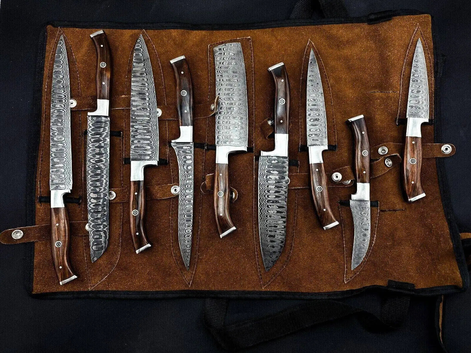 Premium Damascus Steel Chef Knife Set with Dark Rosewood Handle – Full Tang & Leather Roll Unique Blades Runner