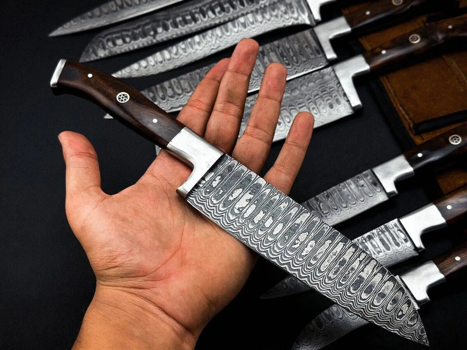 Premium Damascus Steel Chef Knife Set with Dark Rosewood Handle – Full Tang & Leather Roll Unique Blades Runner