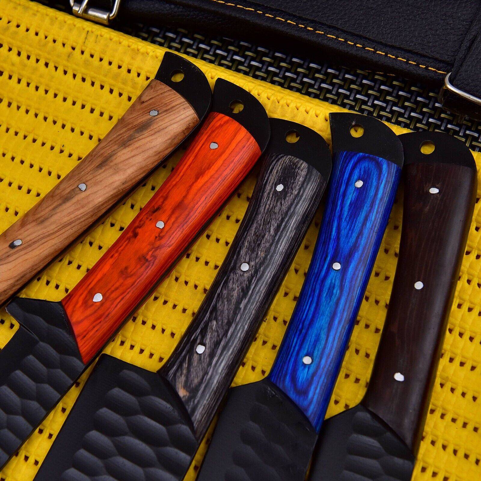 Hammered Black Chef Knife Set – 5 Piece Kitchen Knives with Multi-Color Handles Unique Blades Runner