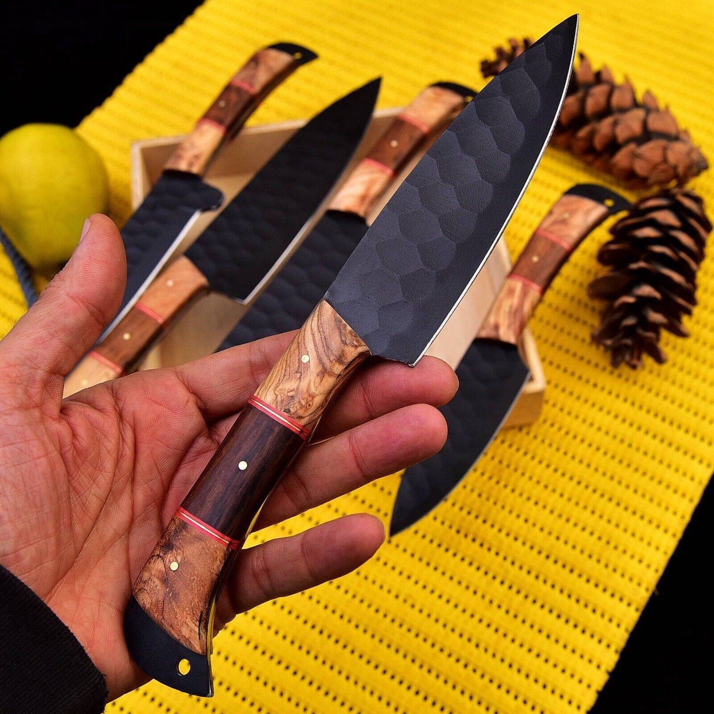 Hammered Black Chef Knife Set with Olive Wood Handles – 5 Piece Kitchen Set Unique Blades Runner