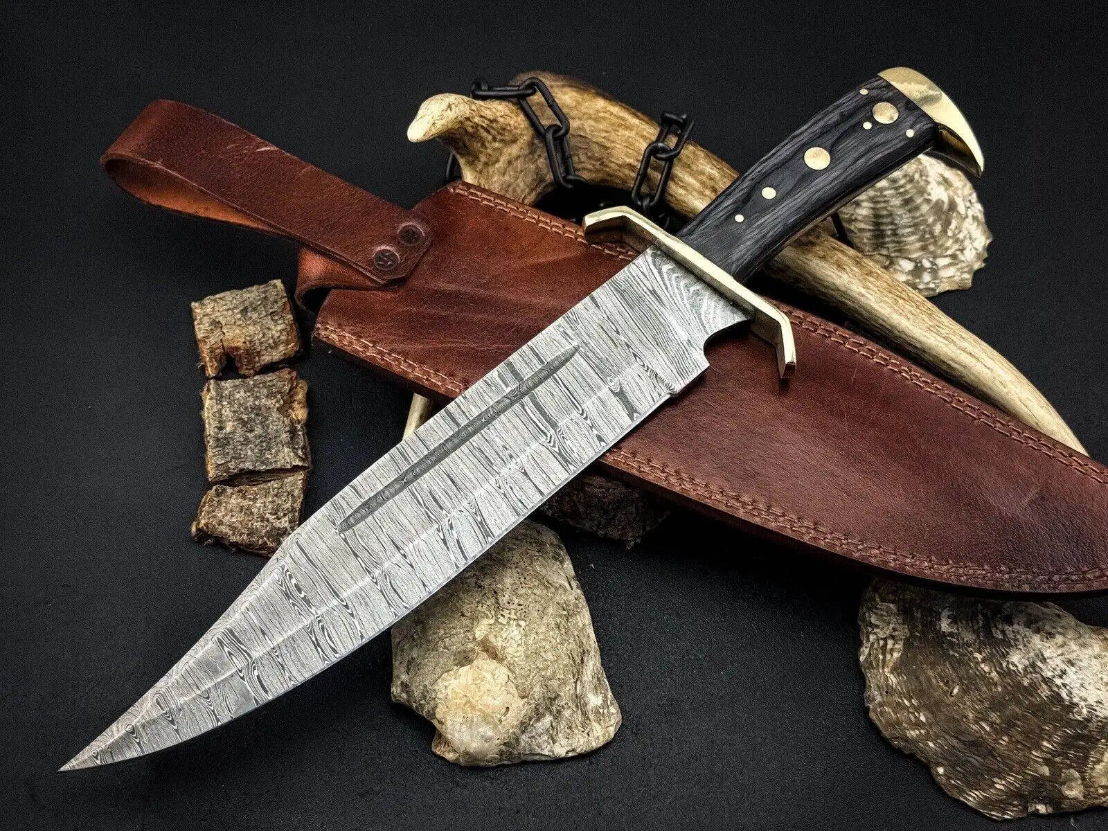 Timber Rattler Bowie Knife – Damascus Steel Bowie Knife with Micarta H ...