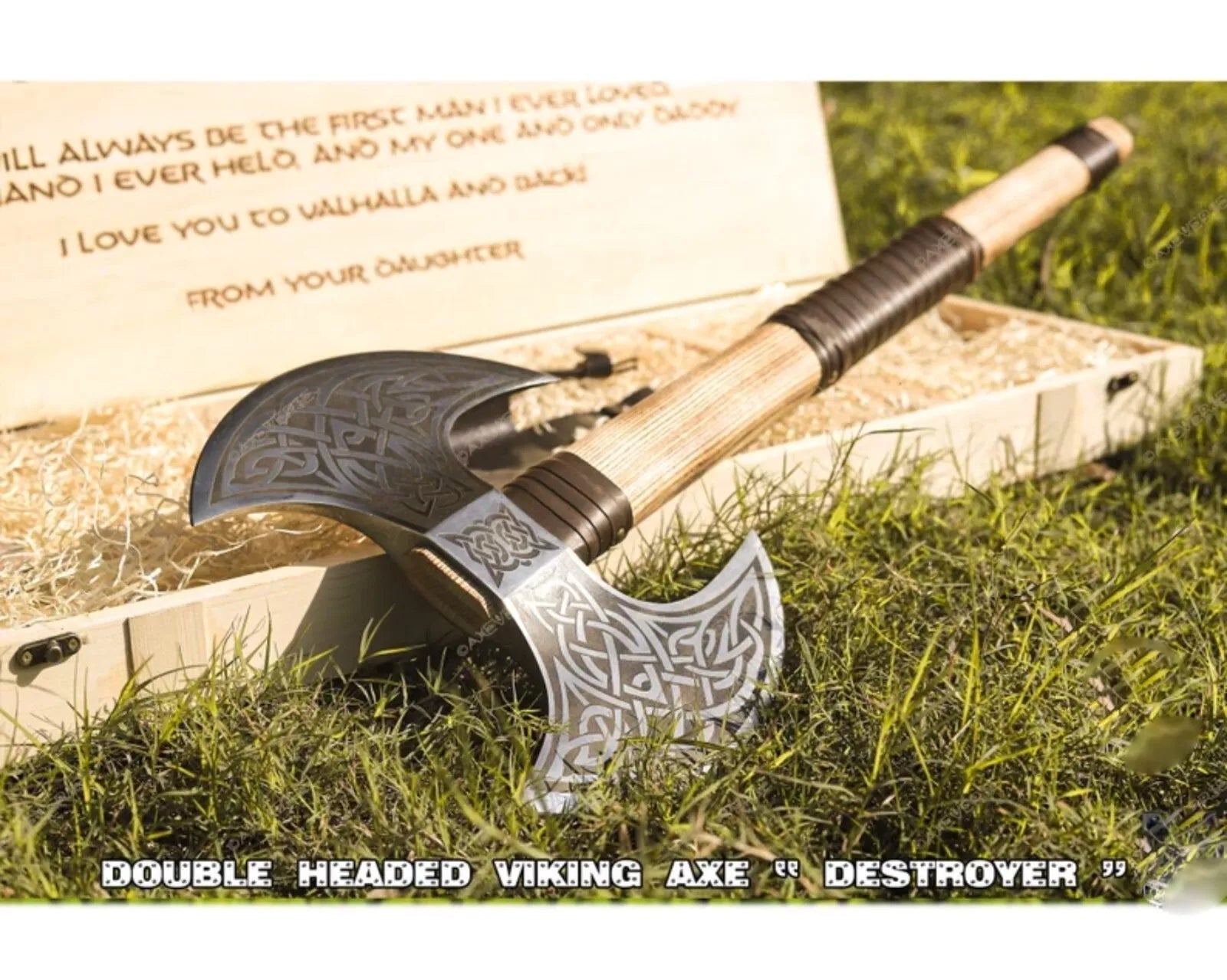 Celtic Viking Axe Double-Head, Hand Forged Steel, Custom Wooden Box Unique Blades Runner