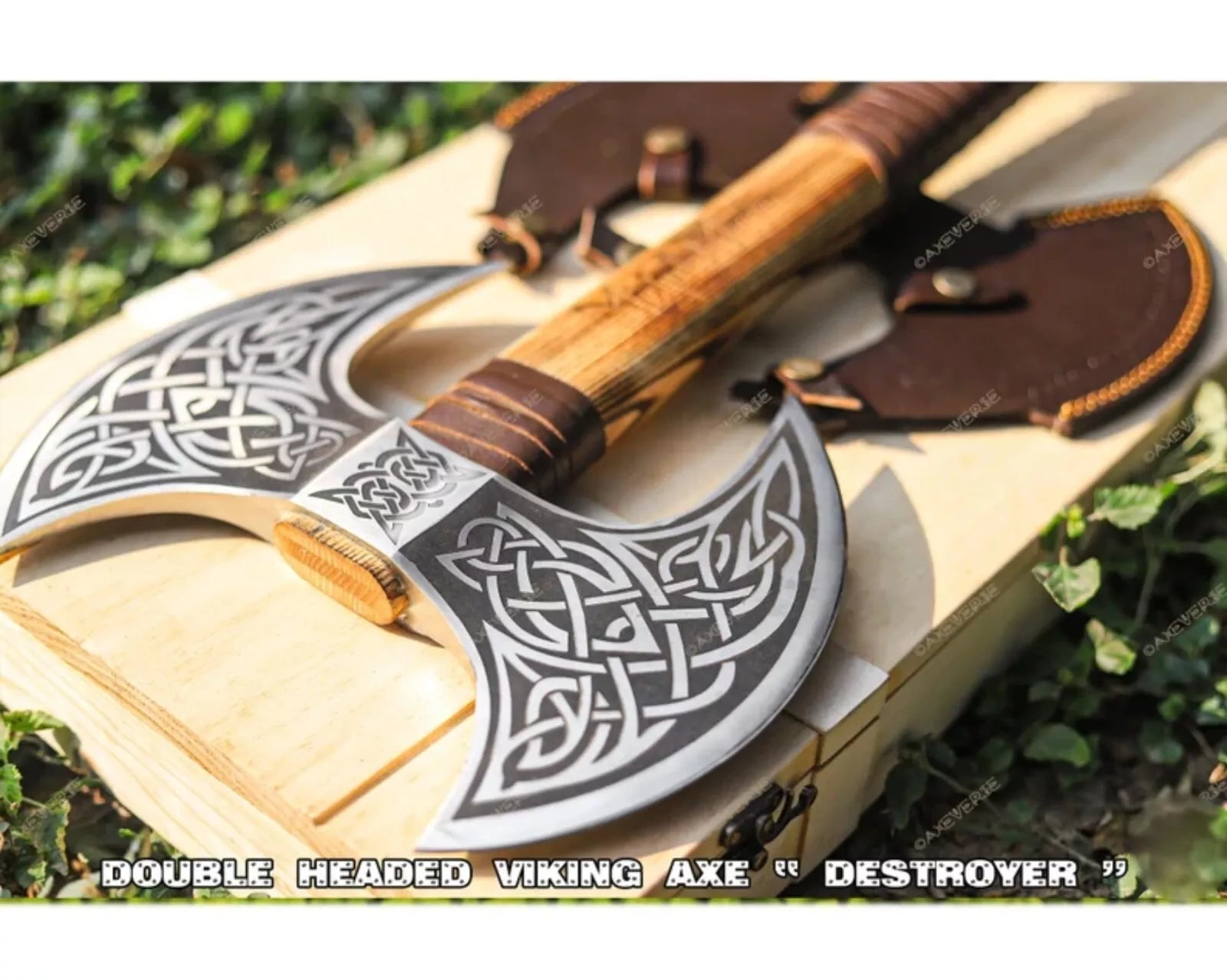 Celtic Viking Axe Double-Head, Hand Forged Steel, Custom Wooden Box Unique Blades Runner