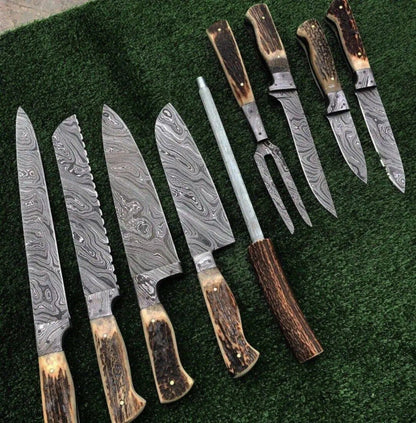 Premium Damascus Steel Butcher Knife Set with Stag Antler Handles – Hunting & BBQ Ready Unique Blades Runner