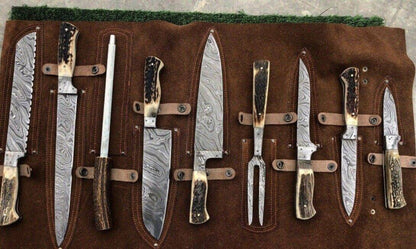 Premium Damascus Steel Butcher Knife Set with Stag Antler Handles – Hunting & BBQ Ready Unique Blades Runner