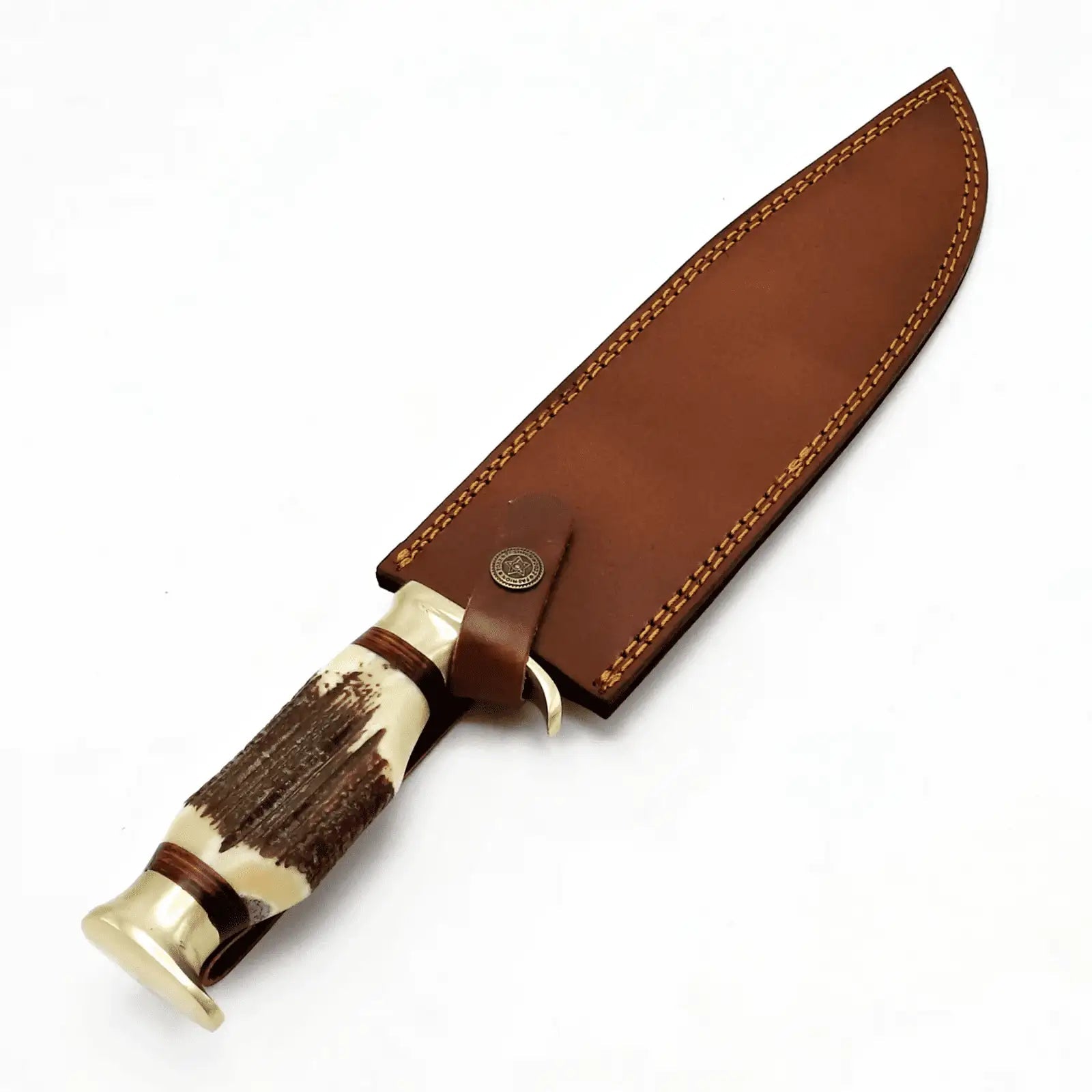 Handmade Damascus Steel Bowie Knife with Stag Horn Handle & Leather Sheath Unique Blades Runner