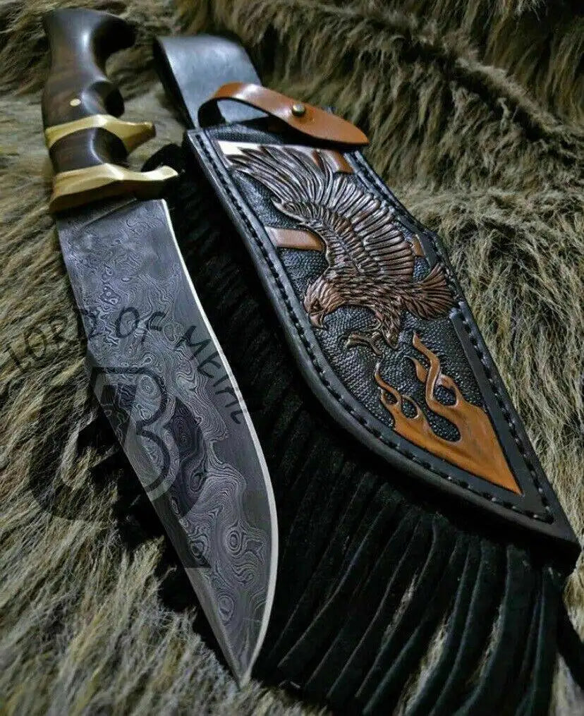 UBR Handmade Damascus Steel Bowie Knife with Eagle Leather Sheath – Best Gift Unique Blades Runner