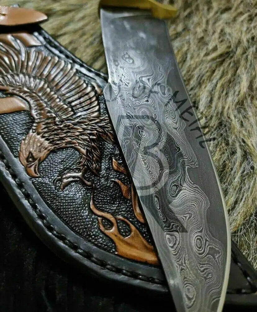 UBR Handmade Damascus Steel Bowie Knife with Eagle Leather Sheath – Best Gift Unique Blades Runner