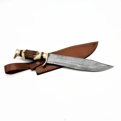 Handmade Damascus Steel Bowie Knife with Stag Horn Handle & Leather Sheath Unique Blades Runner