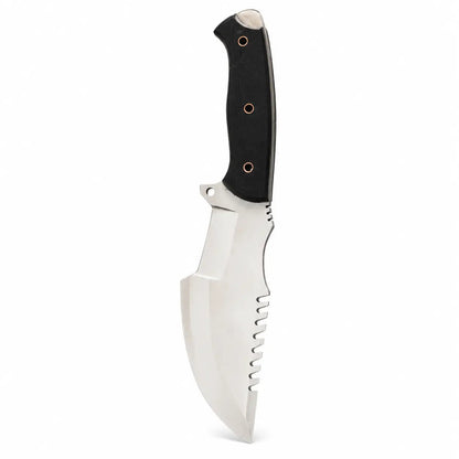 Sawback Tracker Knife – Handmade Fixed Blade with Black Handle & Leather Sheath - Unique Blades Runner