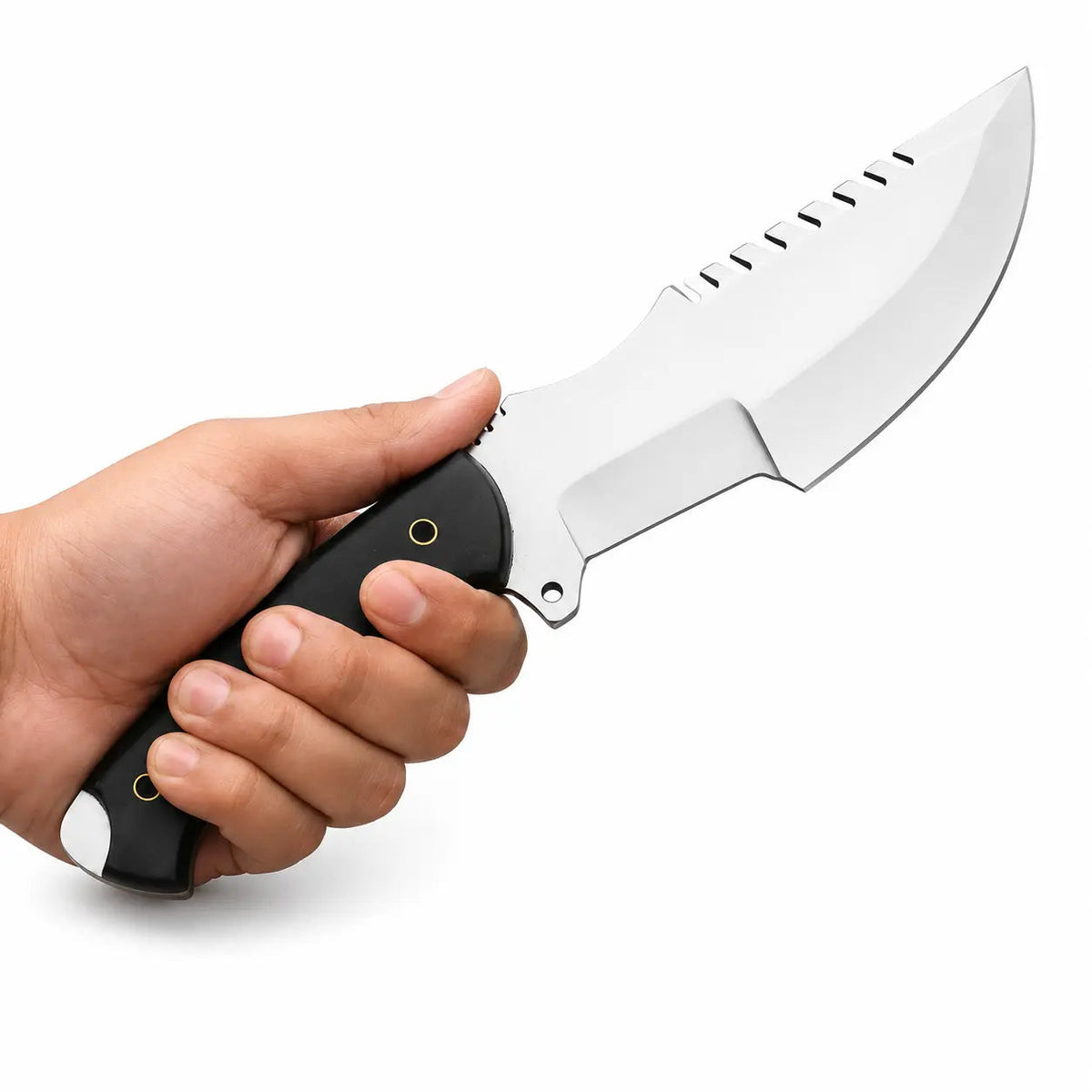 Sawback Tracker Knife – Handmade Fixed Blade with Black Handle & Leather Sheath - Unique Blades Runner