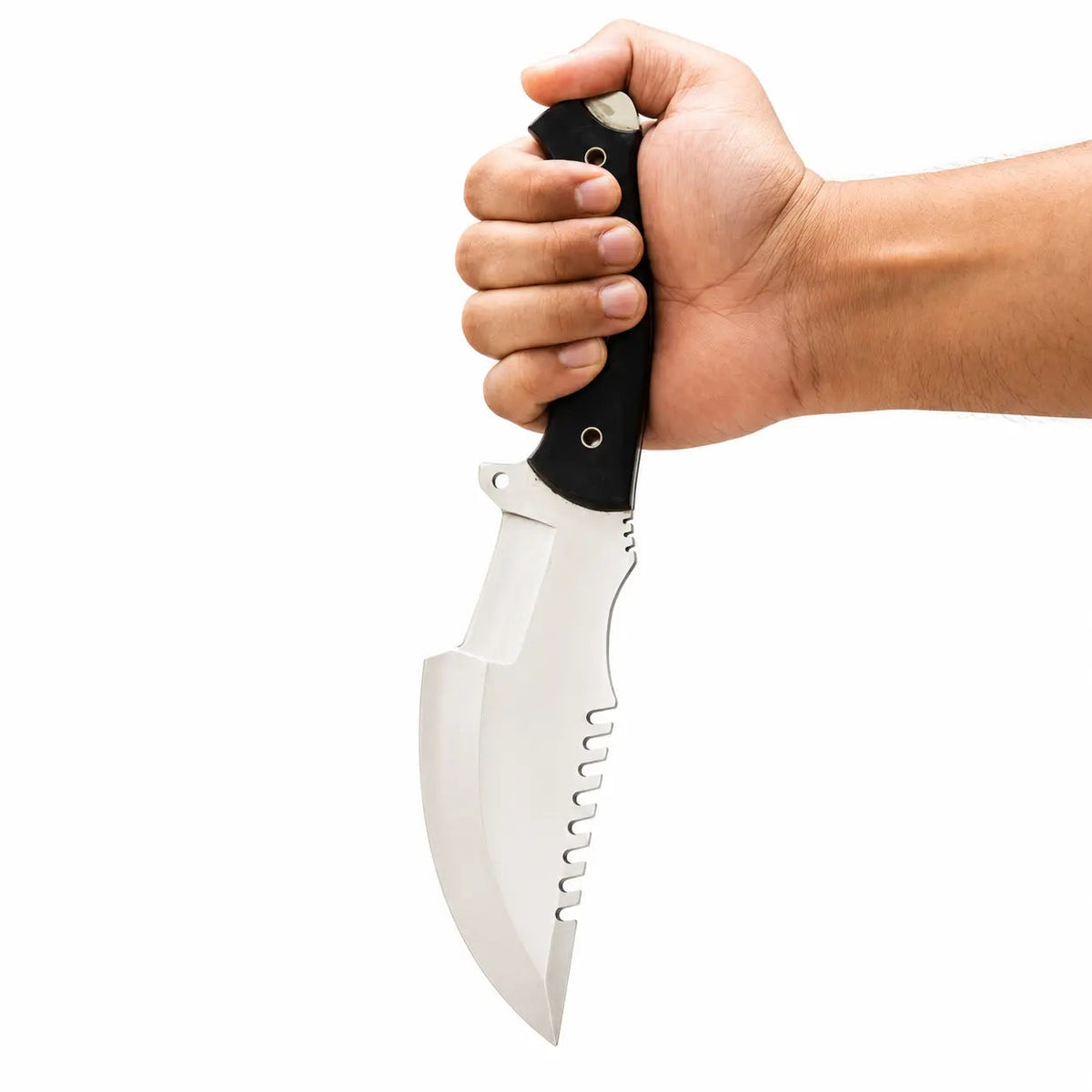 Sawback Tracker Knife – Handmade Fixed Blade with Black Handle & Leather Sheath - Unique Blades Runner