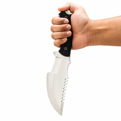 Sawback Tracker Knife – Handmade Fixed Blade with Black Handle & Leather Sheath - Unique Blades Runner