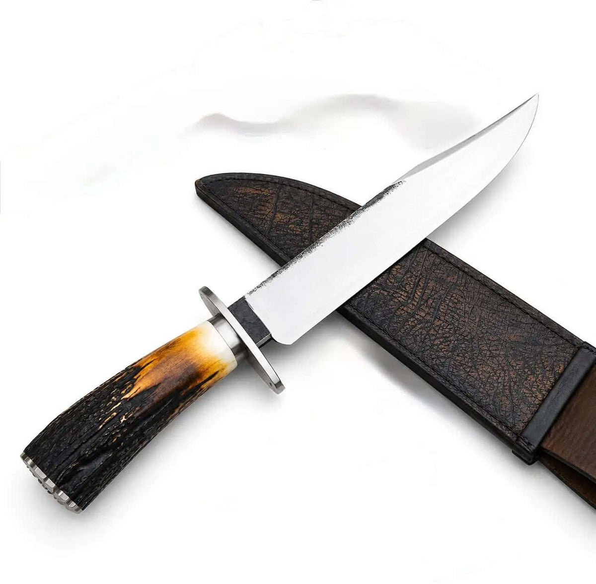 Stag Handle Bowie Knife – Handmade Fixed Blade with Leather Sheath - Unique Blades Runner