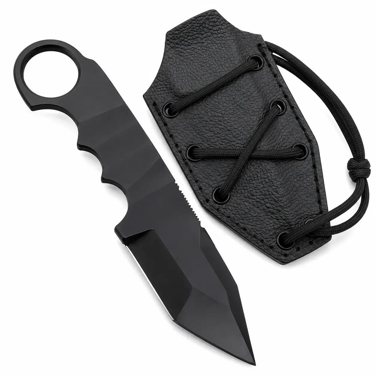 Tactical Neck Knife Full Tang | Black Ring Blade with Sheath - Unique Blades Runner
