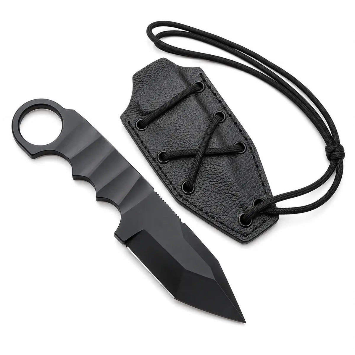 Tactical Neck Knife Full Tang | Black Ring Blade with Sheath - Unique Blades Runner