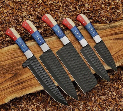 USA Flag Handle Kitchen Knife Set – Handmade Carbon Steel Chef Set with Black Coated Finish - Unique Blades Runner