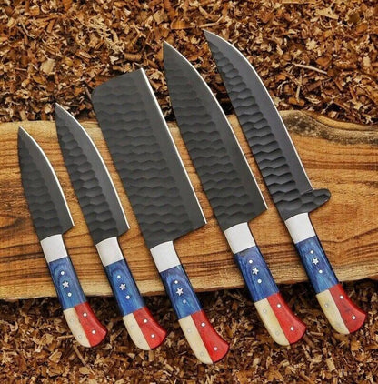USA Flag Handle Kitchen Knife Set – Handmade Carbon Steel Chef Set with Black Coated Finish - Unique Blades Runner