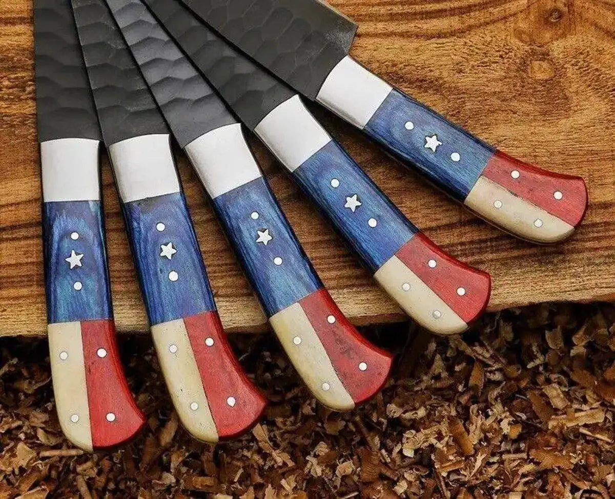 USA Flag Handle Kitchen Knife Set – Handmade Carbon Steel Chef Set with Black Coated Finish - Unique Blades Runner